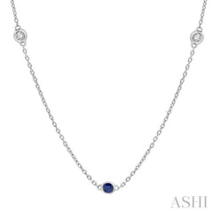 2.25 MM Sapphire and 1/4 Ctw Round Cut Diamond Precious Station Necklace in 14K White Gold