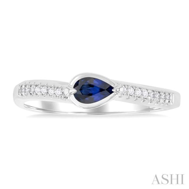 5x3 MM East-West Set Pear Cut Sapphire and 1/20 Ctw Single Cut Diamond Precious Fashion Ring in 14K White Gold