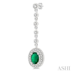 6x4 MM Oval Shape Emerald and 3/8 Ctw Round Cut Diamond Drop Earrings in 14K White Gold