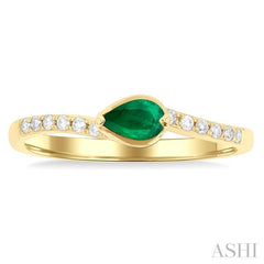 5x3 MM Pear Cut Emerald and 1/10 Ctw Round Cut Diamond East-West Set Precious Ring in 14K Yellow Gold