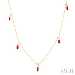 5x3 MM Oval Shape Ruby and 1/4 Ctw Round Cut Diamonds Precious Station Necklace in 14K Yellow Gold