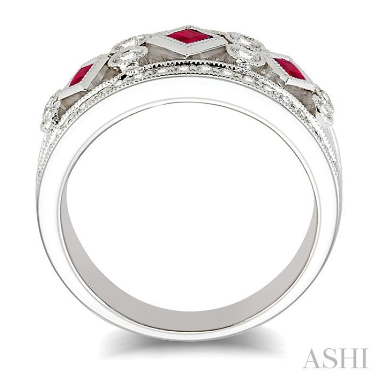 2.2 MM & 2.4 MM Princess Cut Ruby and 3/8 Ctw Round Cut Diamond Precious Fashion Band in 14K White Gold