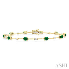 4x3 MM Oval Cut Emerald and 1/3 Ctw Round Cut Diamond Precious Bar Bracelet in 14K Yellow Gold