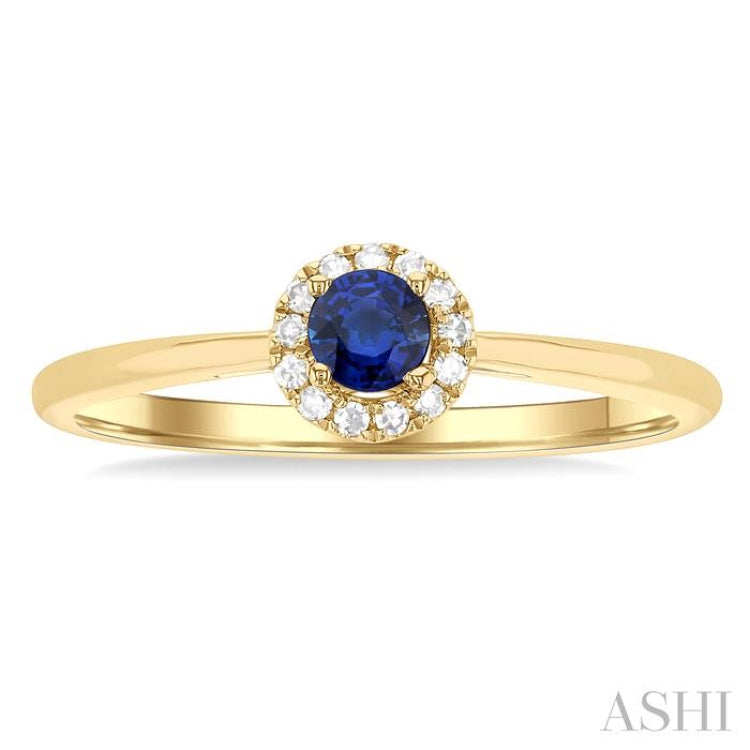 3.25 MM Round Sapphire and 1/20 Ctw Round Cut Diamond Halo Precious Ring in 10K Yellow Gold