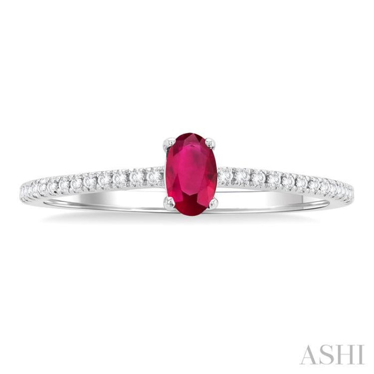 5x3 MM Oval Cut Ruby and 1/10 Ctw Petite Round Cut Diamond Precious Fashion Ring in 10K White Gold
