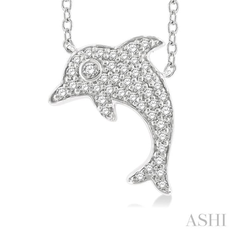 1/6 Ctw Sea Life Petite Dolphin Round Cut Diamond Fashion Pendant With Chain in 10K White Gold