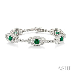 5x5 MM Cushion Cut Emerald and 2 Ctw Round Cut Diamond Precious Bracelet in 14K White Gold