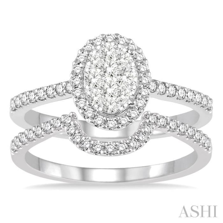 3/4 Ctw Oval Shape Diamond Lovebright Wedding Set with 1/2 Ctw Engagement Ring and 1/5 Ctw Wedding Band in 14K White Gold