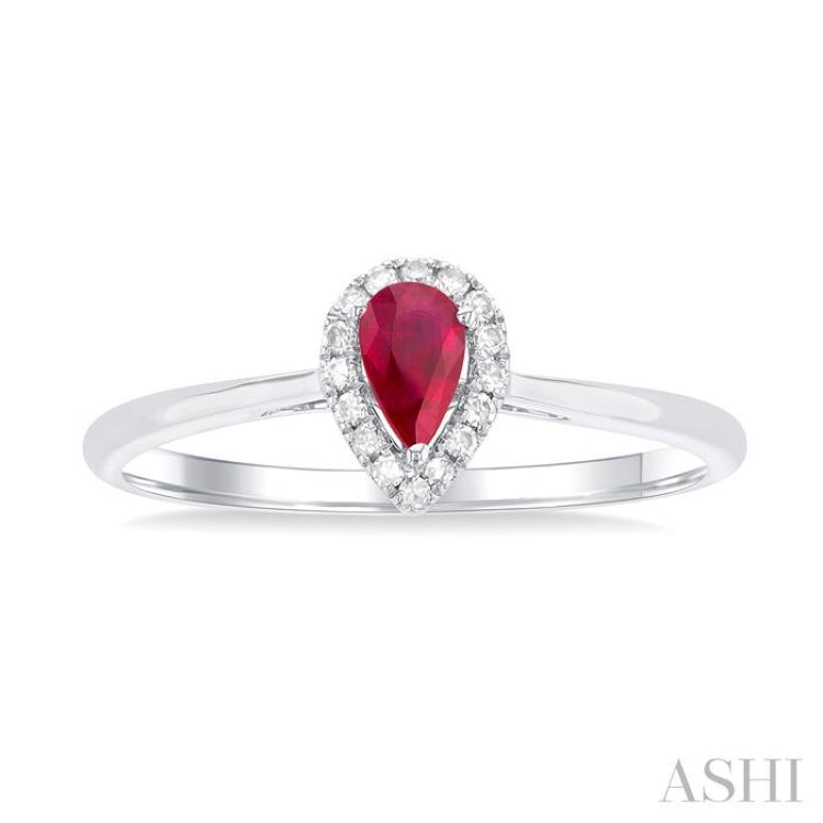 5x3 MM Pear Shape Ruby and 1/20 Ctw Round Cut Diamond Halo Precious Ring in 10K White Gold