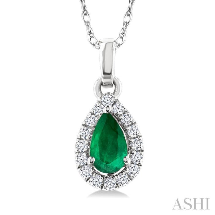 5x3 MM Pear Shape Emerald and 1/20 Ctw Round Cut Diamond Halo Precious Pendant with Chain in 14K White Gold