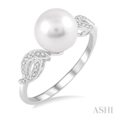 8x8 MM Round Cut Cultured Pearl and 1/20 Ctw Round Cut Diamond Ring in 14K White Gold