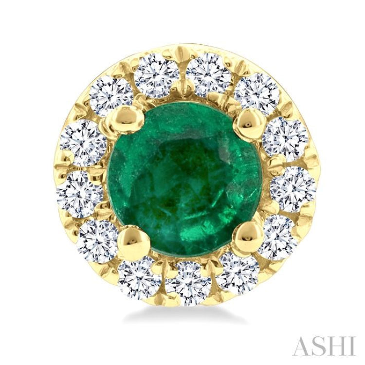 3.25 MM Round Emerald and 1/10 Ctw Round Cut Diamond Halo Precious Stud Earrings in 14K Yellow Gold