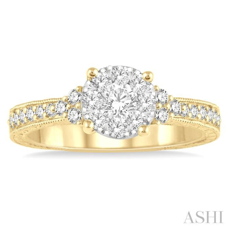 5/8 Ctw Round Shape Lovebright Diamond Cluster Ring in 14K Yellow and White Gold