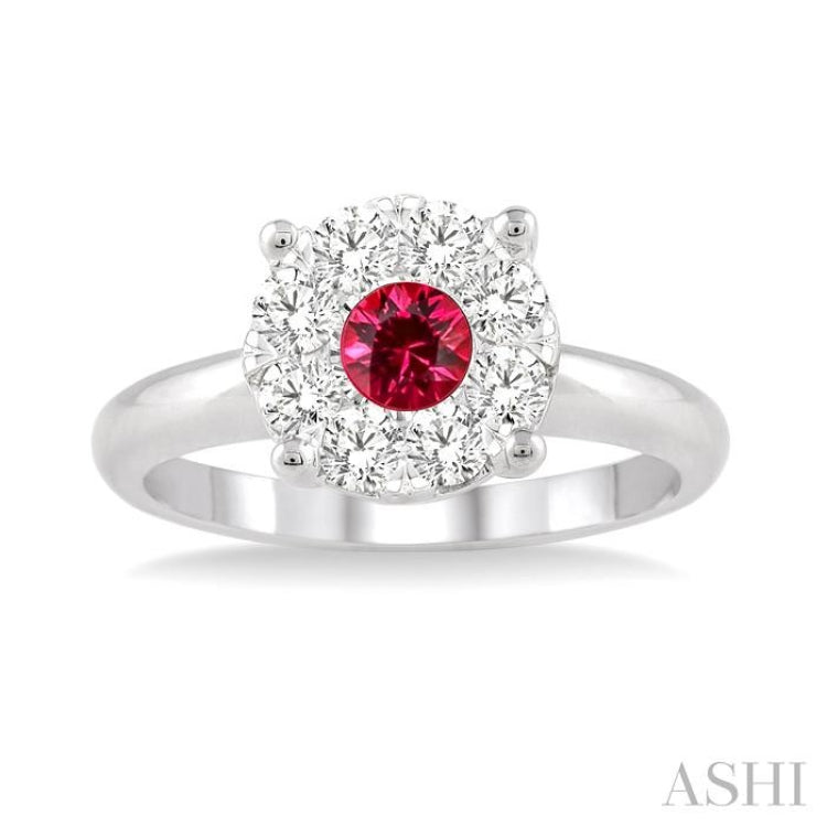 3.8 MM Round Cut Ruby and 1/3 Ctw Lovebright Diamond Precious Ring in 14K White Gold