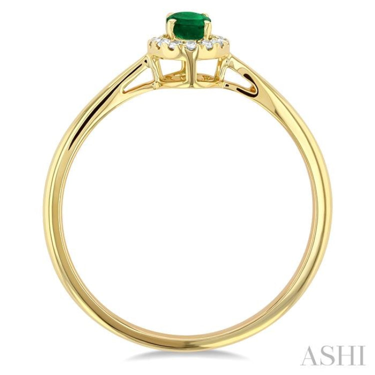 5x3 MM Oval Shape Emerald and 1/20 Ctw Round Cut Diamond Halo Precious Ring in 14K Yellow Gold