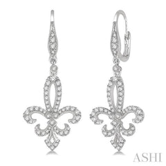 3/4 Ctw Fleur De Lis Round Cut Diamond Hanging Earrings in 14K White Gold