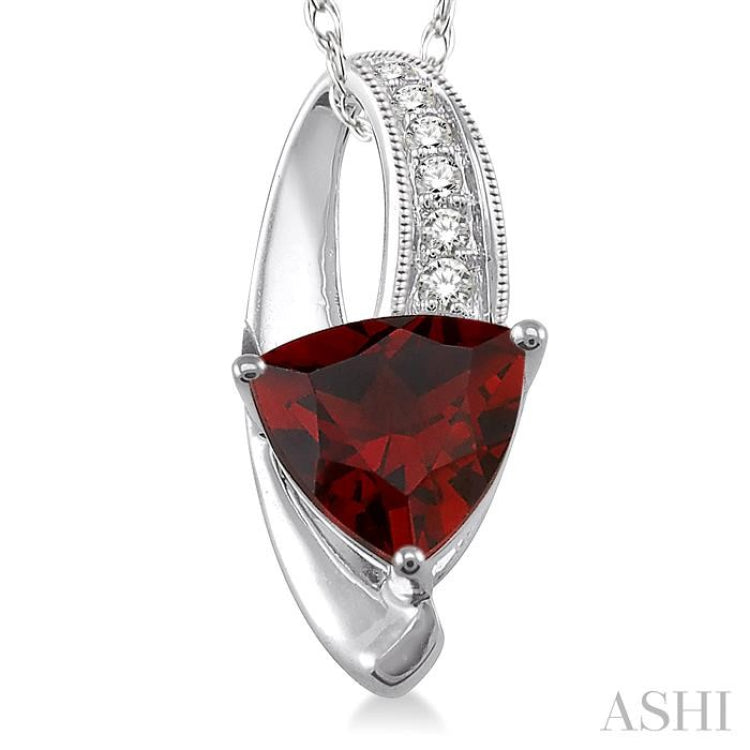 8x8 MM Trillion Cut Garnet and 1/20 Ctw Round Cut Diamond Pendant in 10K White Gold with Chain