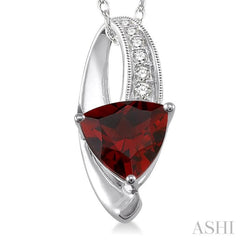 8x8 MM Trillion Cut Garnet and 1/20 Ctw Round Cut Diamond Pendant in 10K White Gold with Chain