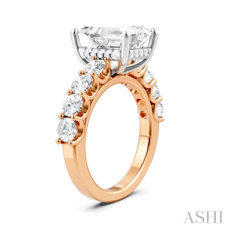1 1/3 Ctw Emerald Shape Round Cut Diamond Semi-Mount Engagement Ring in 14K Rose and White Gold