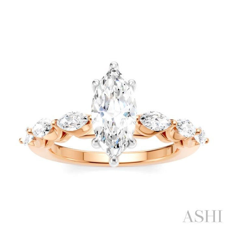 3/4 Ctw Marquise Shape Marquise and Round Cut Diamond Semi-Mount Engagement Ring in 14K Rose and White Gold