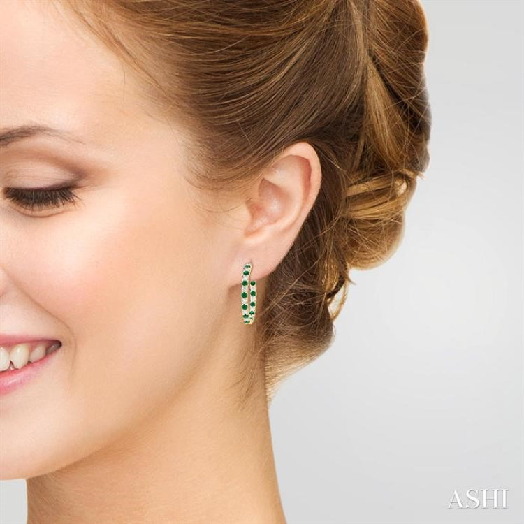 2.9 MM Round Emerald and 2 5/8 Ctw Round Cut Diamond Inside & Outside Alternating Precious Hoop Earrings in 14K Yellow Gold