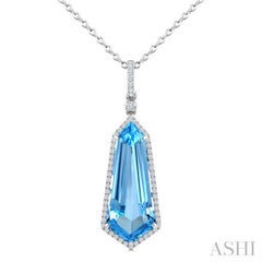 22X9 MM Shield Shape Blue Topaz and 1/4 Ctw Round Cut Diamond Semi-Precious Pendant With Chain in 14K White Gold
