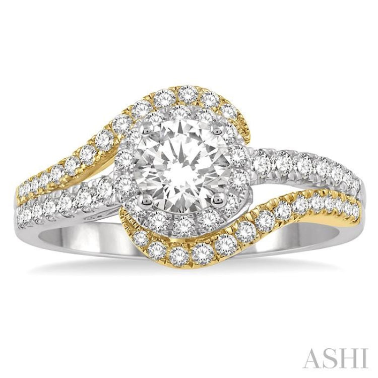 1 Ctw Swirl Round Diamond Two Tone Ladies Engagement Ring with 1/2 Ct Round Cut Center Stone in 14K White and Yellow Gold