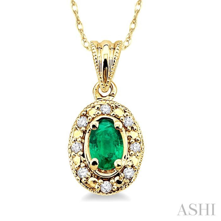 5x3 MM Oval Shape Emerald and 1/20 ctw Single Cut Diamond Pendant in 14K Yellow Gold with Chain