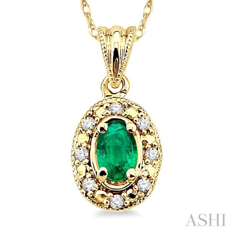 5x3 MM Oval Shape Emerald and 1/20 ctw Single Cut Diamond Pendant in 14K Yellow Gold with Chain