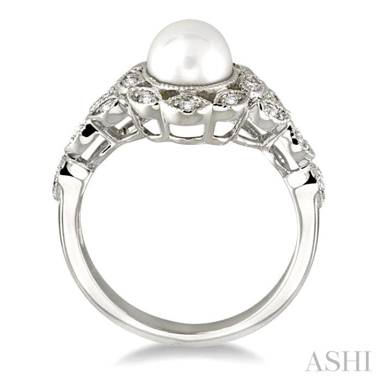 6.5 MM Cultured Pearl and 1/8 ctw Single Cut Diamond Ring in 10K White Gold