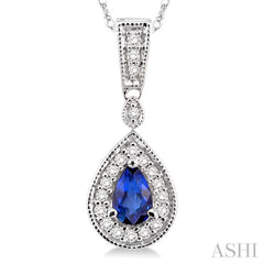 6x4 MM Pear Shape Sapphire and 1/6 ctw Round Cut Diamond Pendant in 14K White Gold with Chain