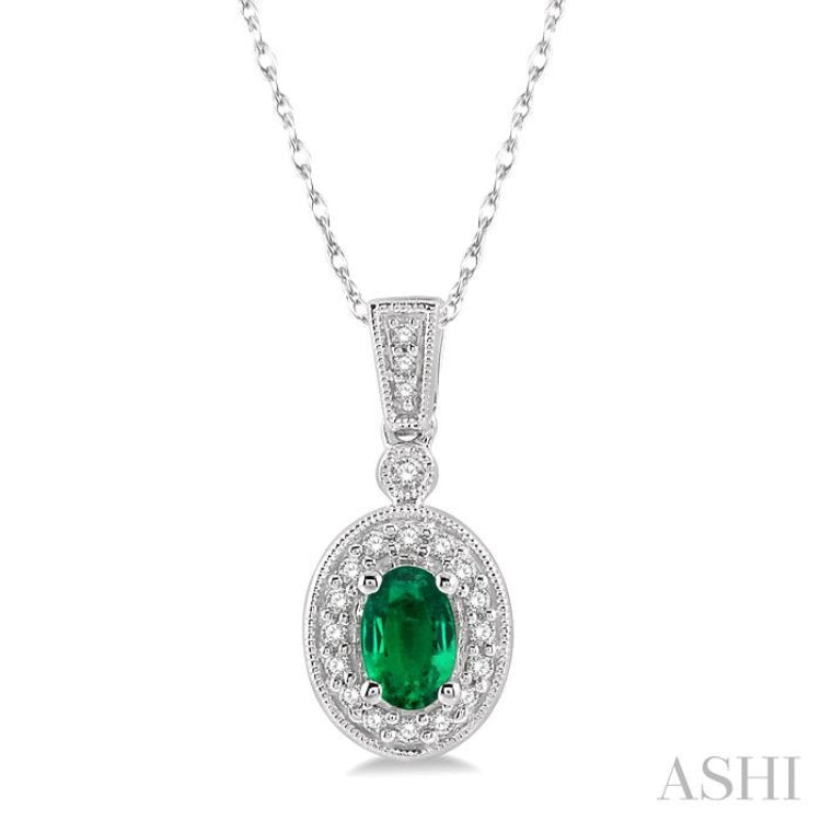6x4 MM Oval Cut Emerald and 1/8 ctw Round Cut Diamond Pendant in 14K White Gold with Chain