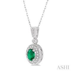 6x4 MM Oval Cut Emerald and 1/8 ctw Round Cut Diamond Pendant in 14K White Gold with Chain