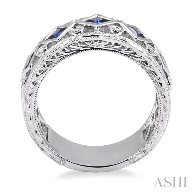 3x3 MM Princess Cut Sapphire and 1/4 ctw Round Cut Diamond Precious Fashion Ring in 14K White Gold