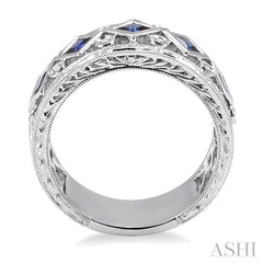 3x3 MM Princess Cut Sapphire and 1/4 ctw Round Cut Diamond Precious Fashion Ring in 14K White Gold