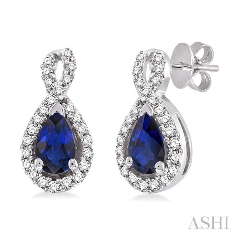 5x3 MM Pear Shape Sapphire and 1/6 ctw Round Cut Diamond Earrings in 14K White Gold