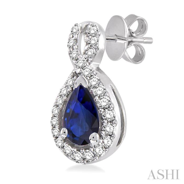 5x3 MM Pear Shape Sapphire and 1/6 ctw Round Cut Diamond Earrings in 14K White Gold