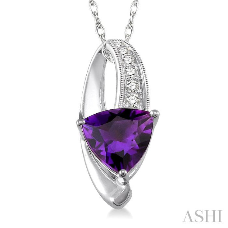 8x8 MM Trillion Cut Amethyst and 1/20 ctw Single Cut Diamond Pendant in 10K White Gold with Chain