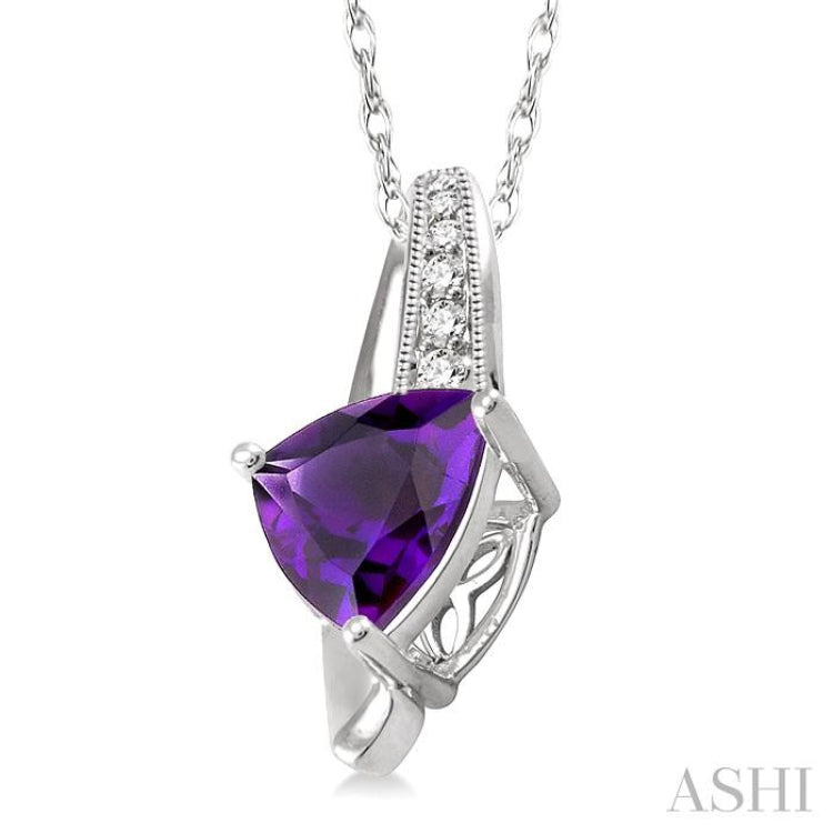 8x8 MM Trillion Cut Amethyst and 1/20 ctw Single Cut Diamond Pendant in 10K White Gold with Chain