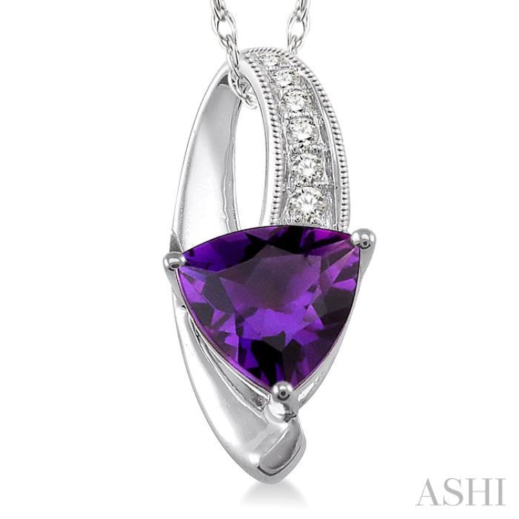 8x8 MM Trillion Cut Amethyst and 1/20 ctw Single Cut Diamond Pendant in 10K White Gold with Chain