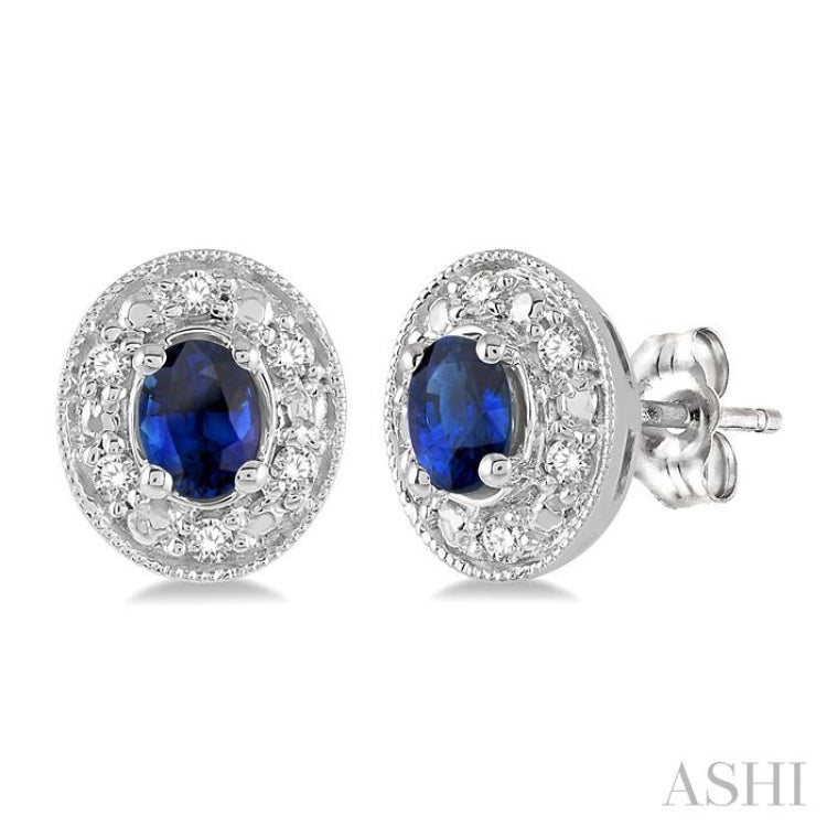 4x3 MM Oval Shaped Sapphire and 1/10 ctw Single Cut Diamond Earrings in 14K White Gold