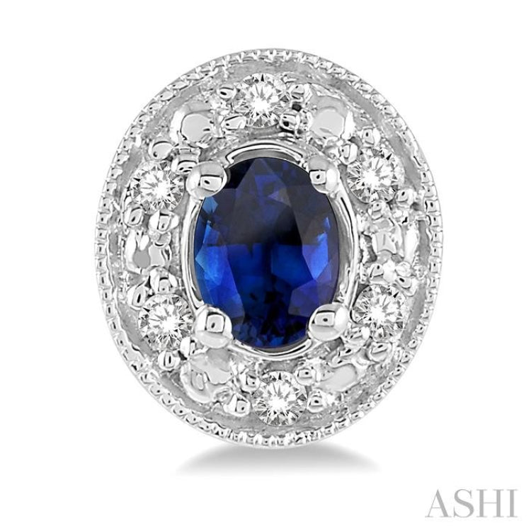 4x3 MM Oval Shaped Sapphire and 1/10 ctw Single Cut Diamond Earrings in 14K White Gold