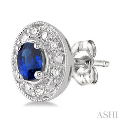4x3 MM Oval Shaped Sapphire and 1/10 ctw Single Cut Diamond Earrings in 14K White Gold