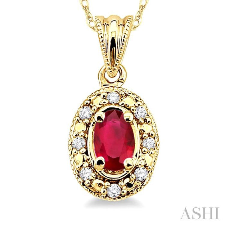 5x3 MM Oval Shape Ruby and 1/20 ctw Single Cut Diamond Pendant in 14K Yellow Gold with Chain