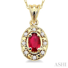 5x3 MM Oval Shape Ruby and 1/20 ctw Single Cut Diamond Pendant in 14K Yellow Gold with Chain
