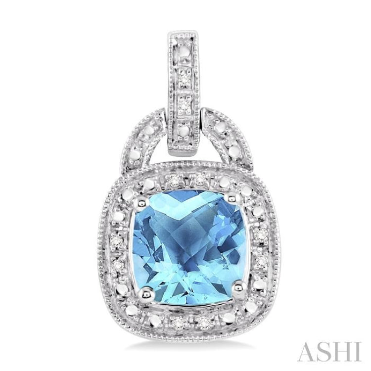 8x8 MM Cushion Shape Blue Topaz and 1/10 ctw Single Cut Diamond Earrings in Sterling Silver