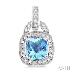 8x8 MM Cushion Shape Blue Topaz and 1/10 ctw Single Cut Diamond Earrings in Sterling Silver