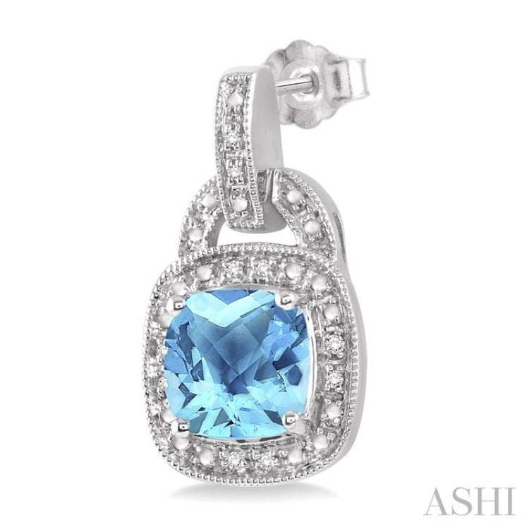 8x8 MM Cushion Shape Blue Topaz and 1/10 ctw Single Cut Diamond Earrings in Sterling Silver