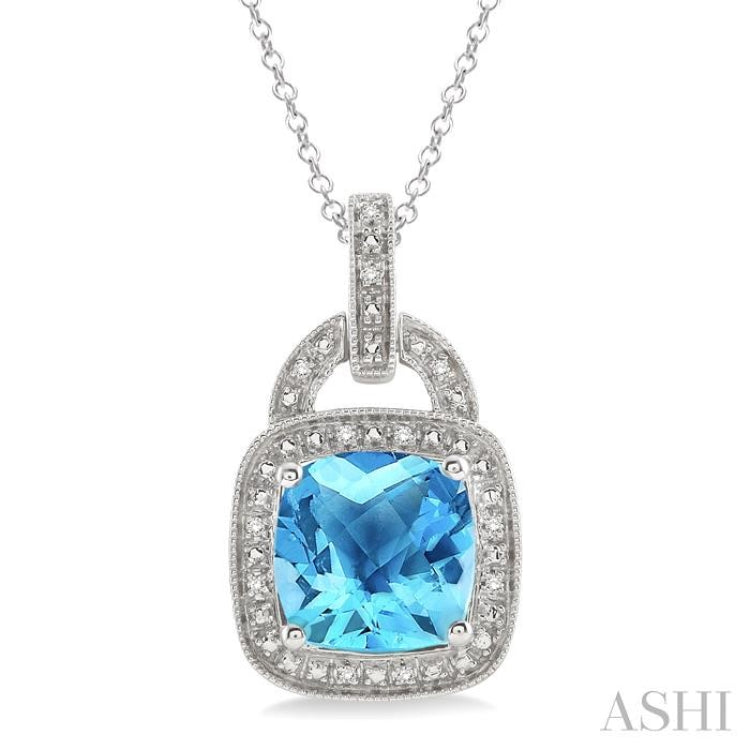 10x10 MM Cushion Shape Blue Topaz and 1/20 ctw Single Cut Diamond Pendant in Sterling Silver with Chain