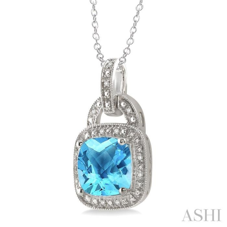 10x10 MM Cushion Shape Blue Topaz and 1/20 ctw Single Cut Diamond Pendant in Sterling Silver with Chain